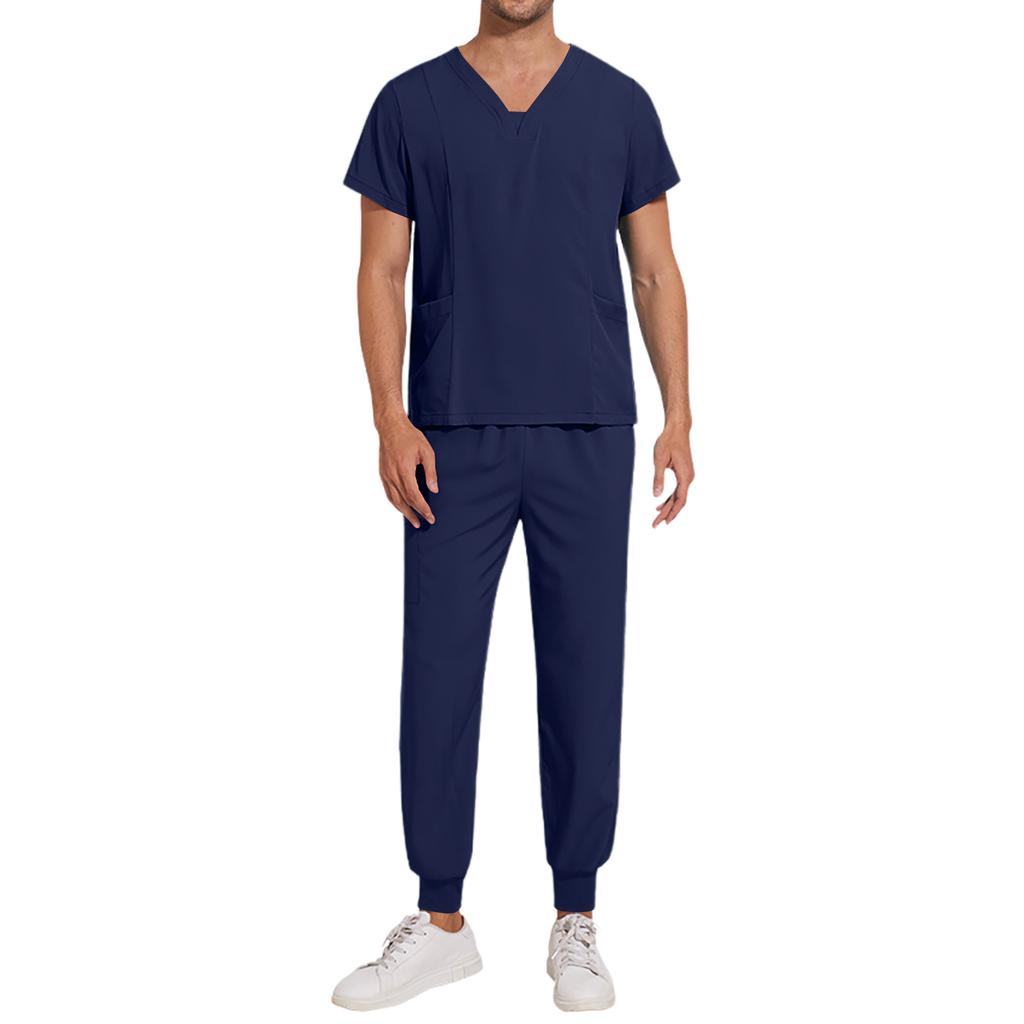 Men's Loose And Comfortable V-neck Short Sleeved Workwear Multi Pocket Beauty Suit Set