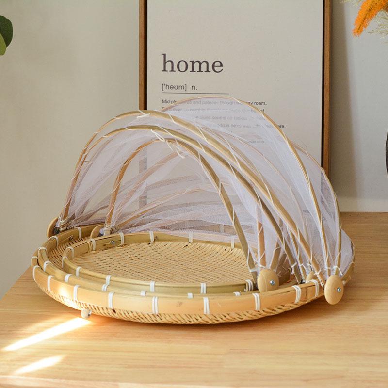 Bamboo Weaving Steamed Bun Drying Basket with Mosquito-Proof Cover