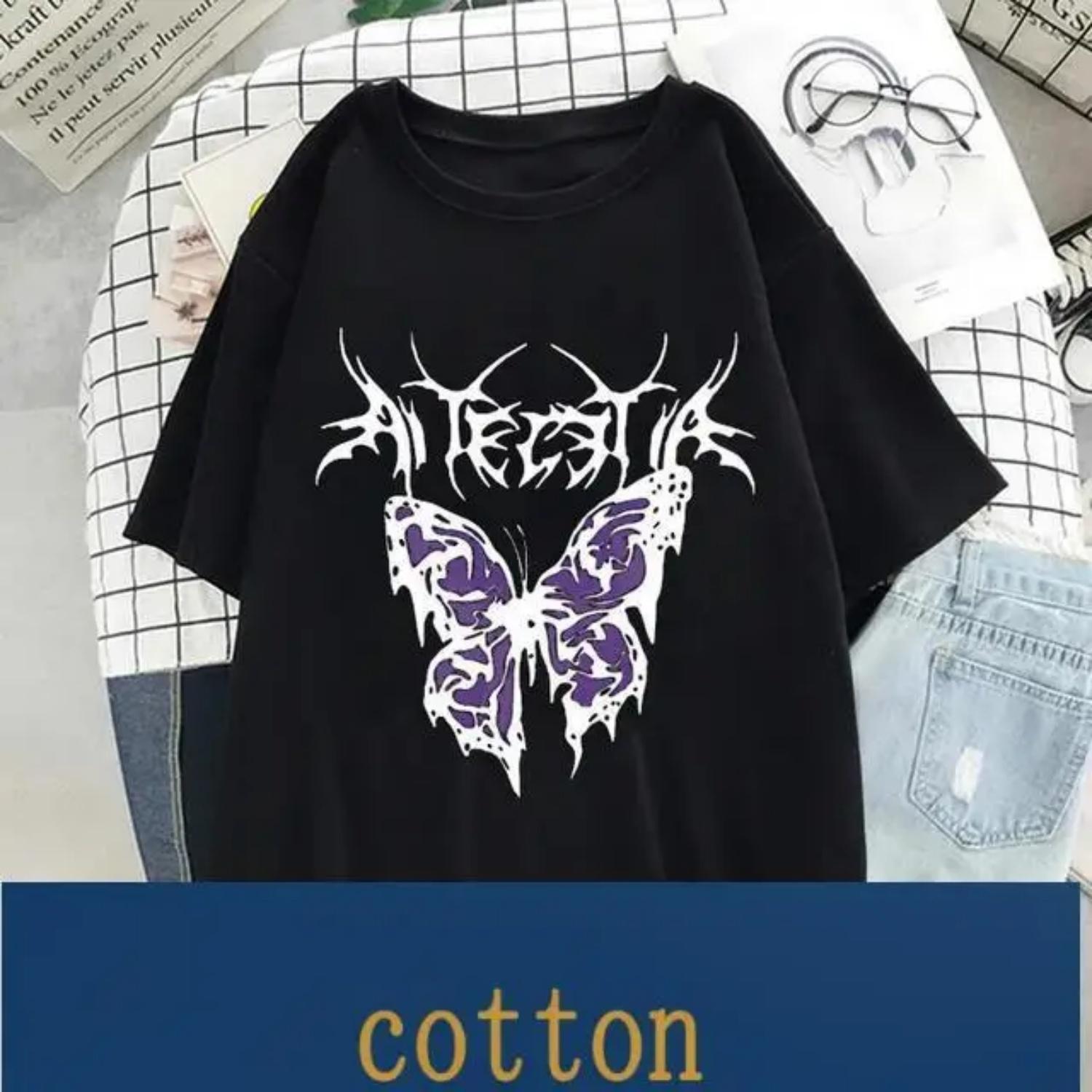 

Funny Oversized Women T Shirt Harajuku Punk Butterfly Female Oversized Streetwear Women s Clothing Satan Print Tshirt Cotton XXXXXL чорний