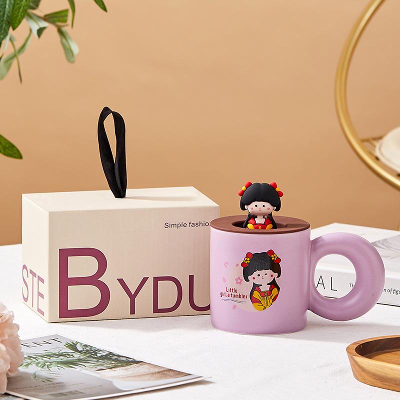 Kreativer Stil Tasse Junge und Mädchen Paar Tassenpaar mit Deckel Keramik Wasserbecher Paar Frühstückstasse Kaffeetasse