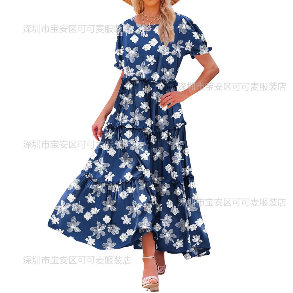 New spring and summer women's clothing bubble sleeves floral fashion and thin pleated long printed dress