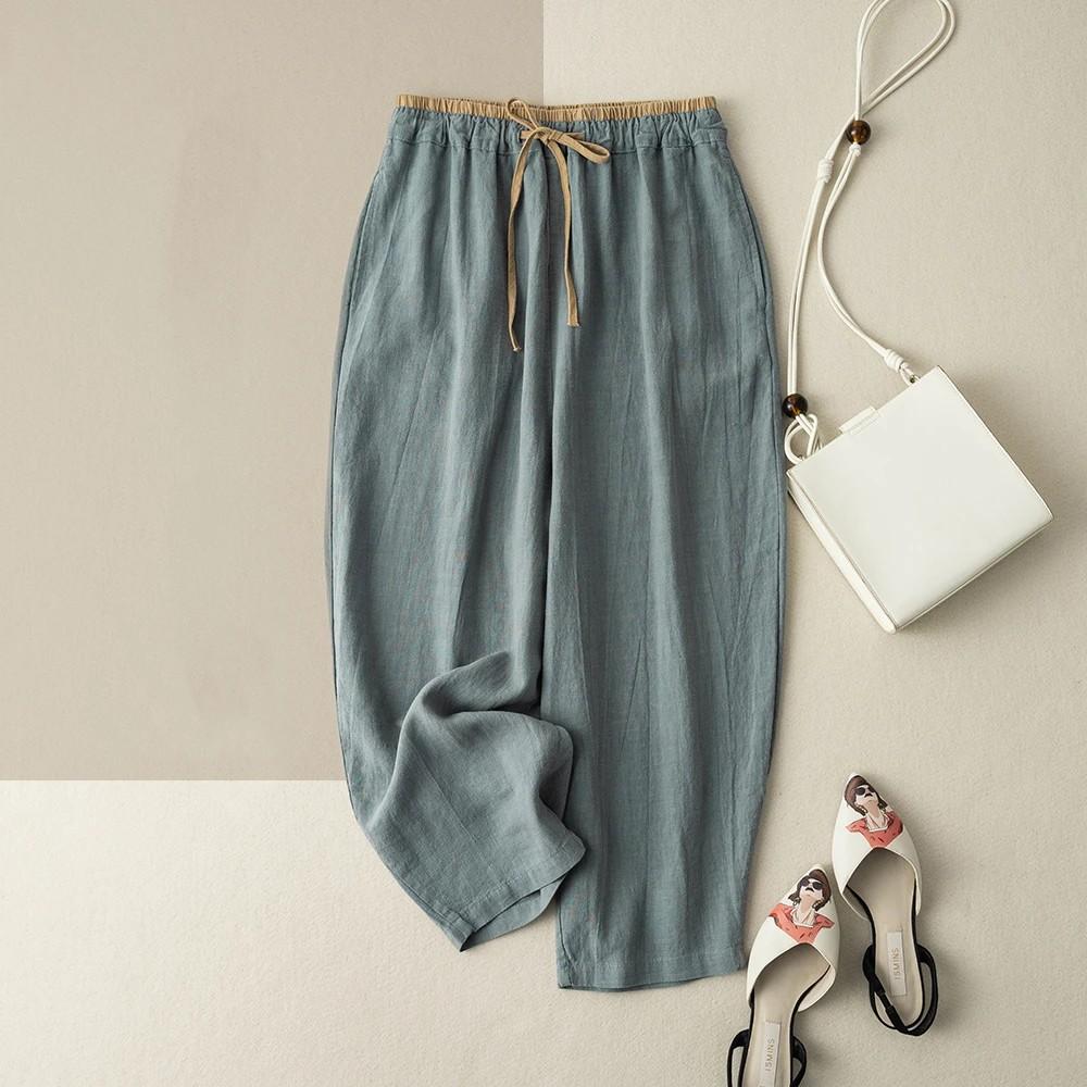 Pantalones de Lino y Algodón Vintage de Cintura Alta con Diseño para Mujer, Pantalones Casuales Sueltos y con Caída para el Trabajo