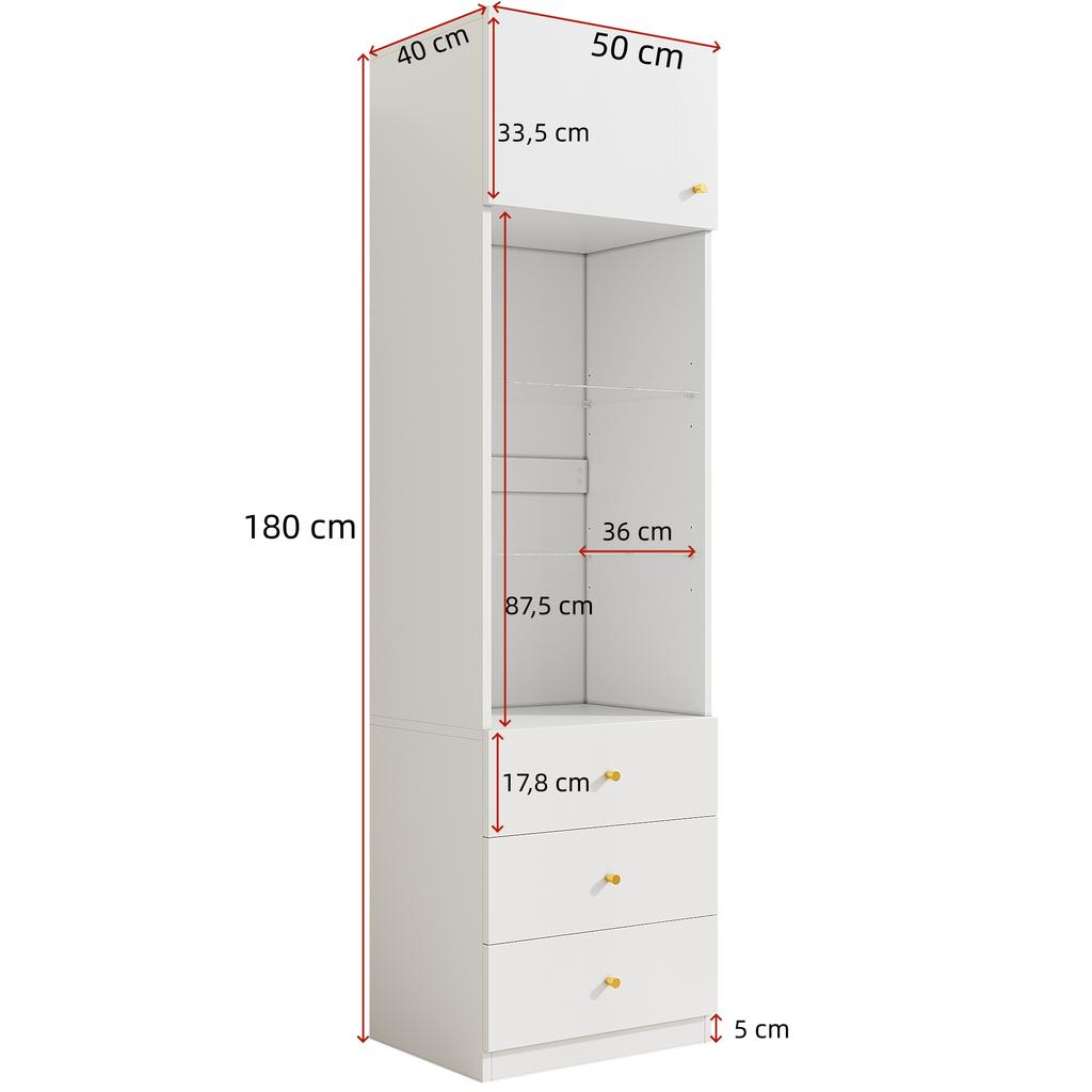 Vetrina, Armadio Alto, Armadio Contenitore, Libreria, con Scomparti Aperti, con Cassetti, Ripiani in Vetro Regolabili in Altezza, Bianco, 50×40×180 cm
