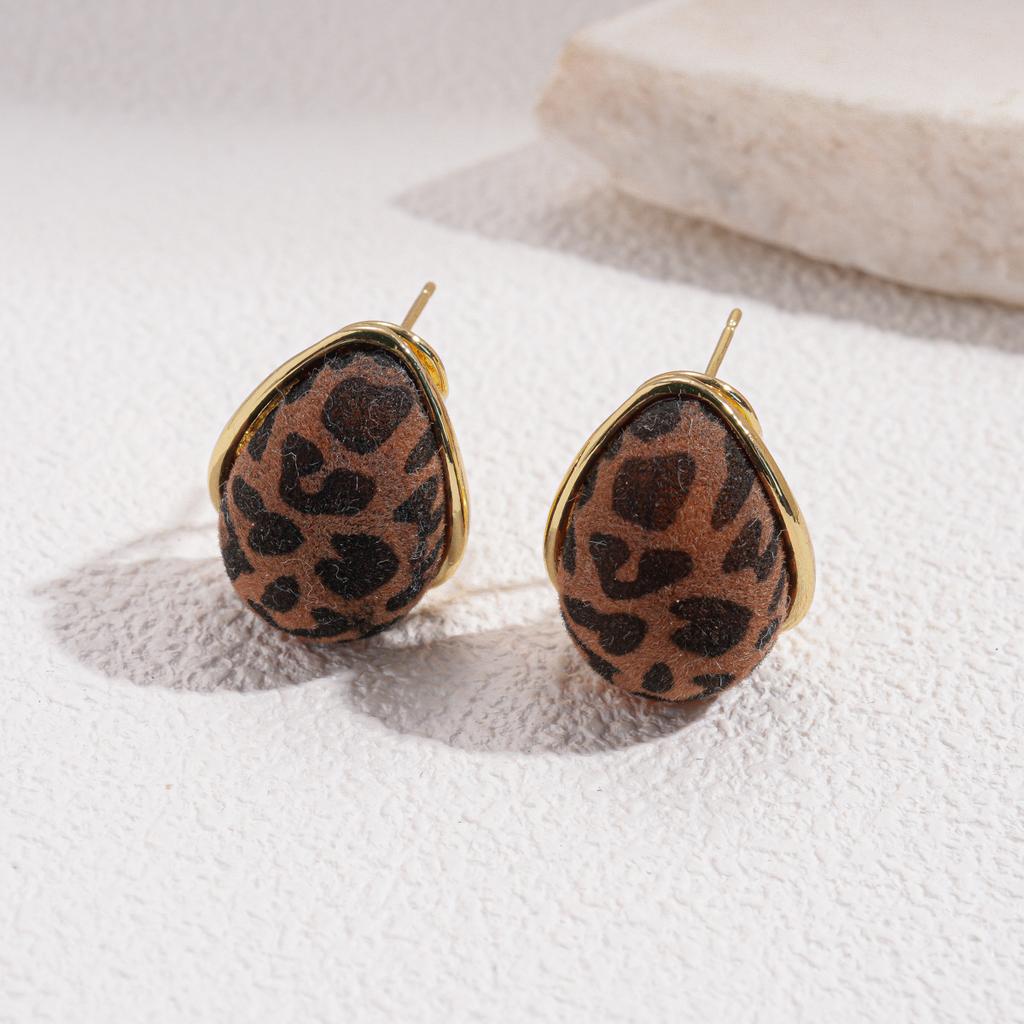 Autumn and Winter Flocking Leopard Print Geometric Round Water Drop U-shaped Ear Buckle Maillard Earrings