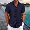 Mens Casual Loose Jacquard Striped Short Sleeve Button Down Shirt