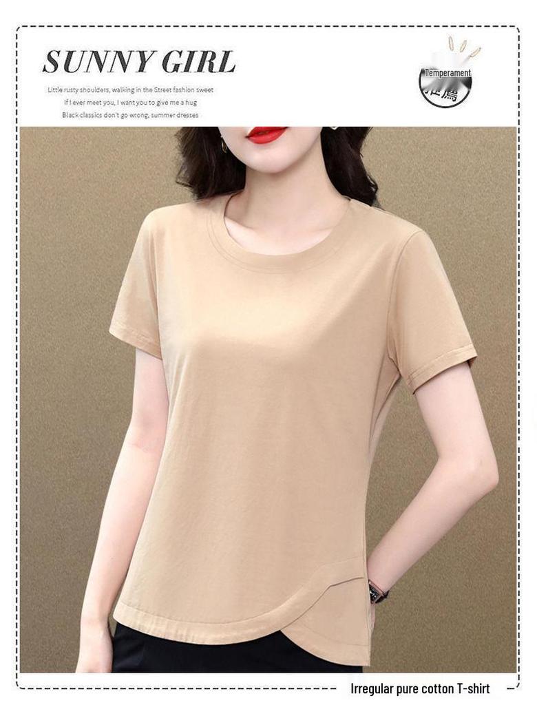 Women's Pure Cotton Slimming Irregular Summer Short Sleeve Top - Casual and Fashionable T-shirt.