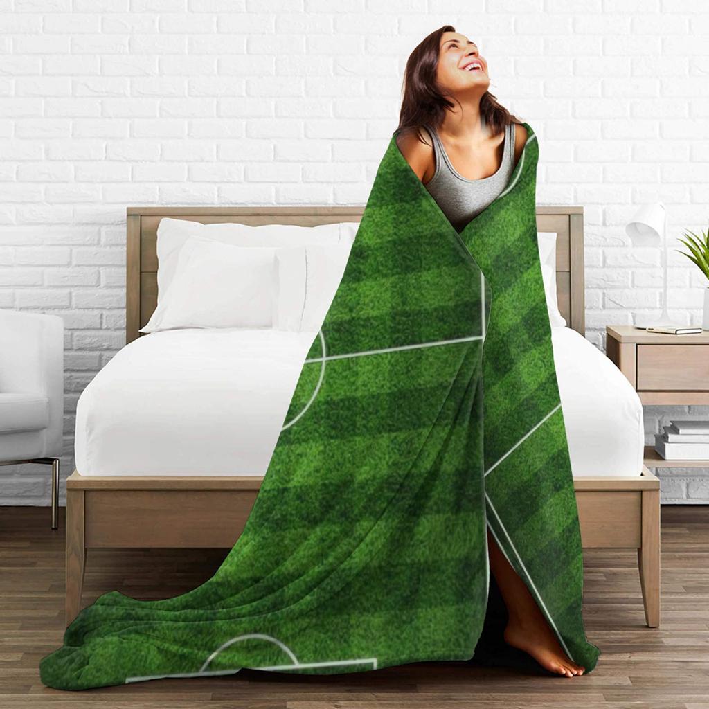 Warm Soft Blanket Camping Soccer Field White Line Grass Background Throw Blanket Flannel Bedspread For Outdoor Sofa Bed Cover