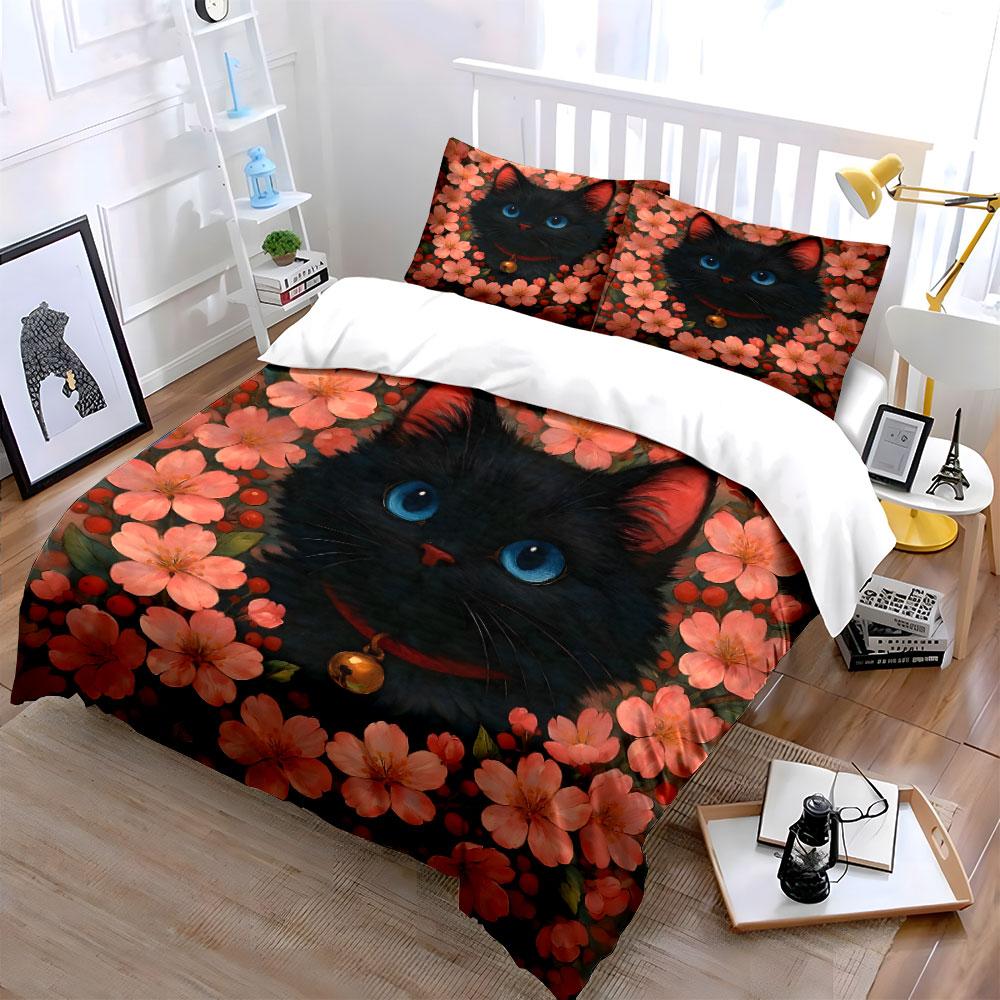 Schwarze Katze umgeben von rosa Blüten Druck Bettwäsche Set 1 Bettbezug 2 Kissenbezüge für Erwachsene und Kinder Luxuriöses Geschenk Vollgröße