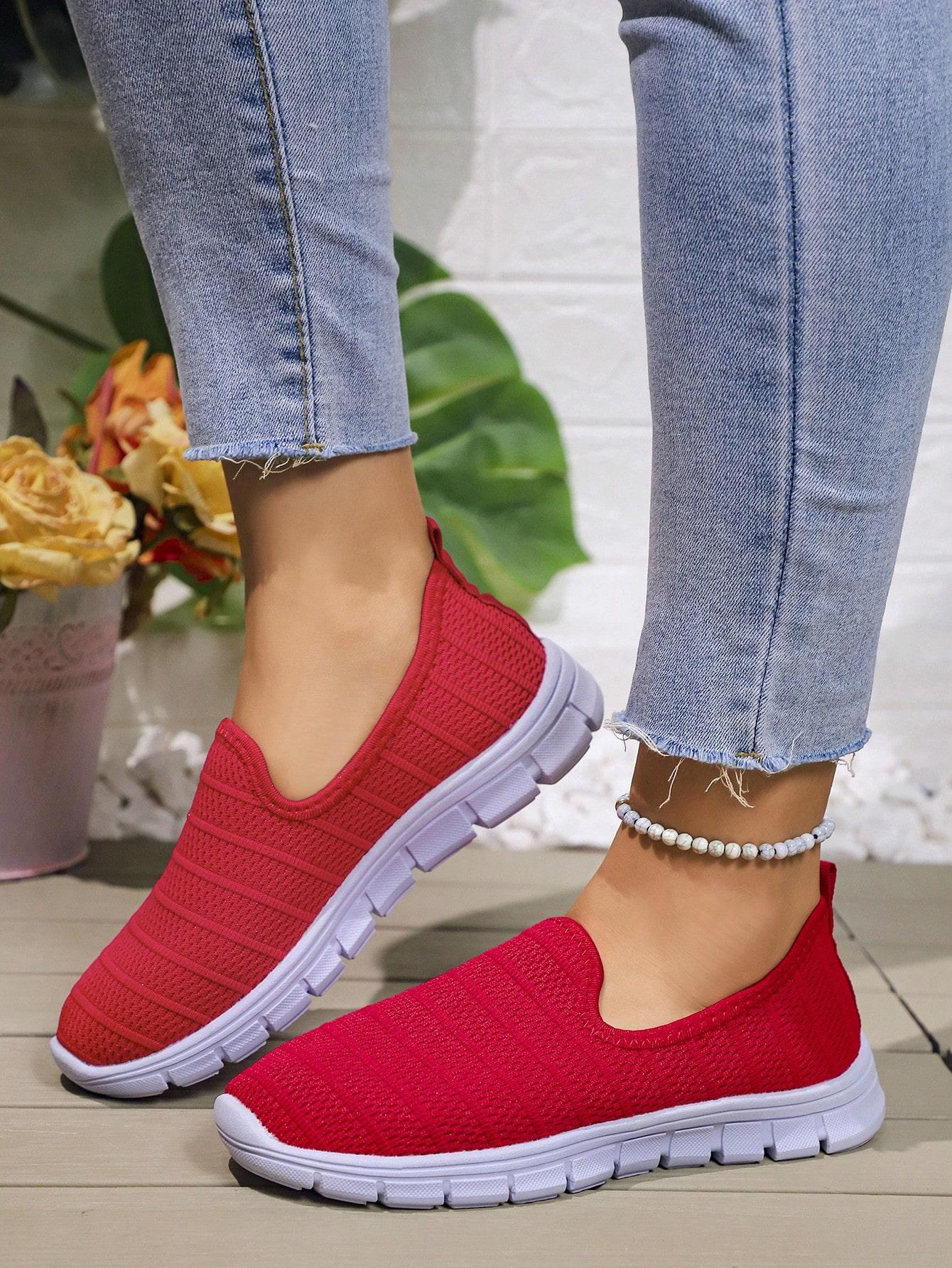 

2025Летние Кроссовки Слипоны На Плоской Подошве Женская Мода Повседневные Лоферы Обувь для Ходьбы Уличная Сетка Мягкая Подошва Спорт 43 красный