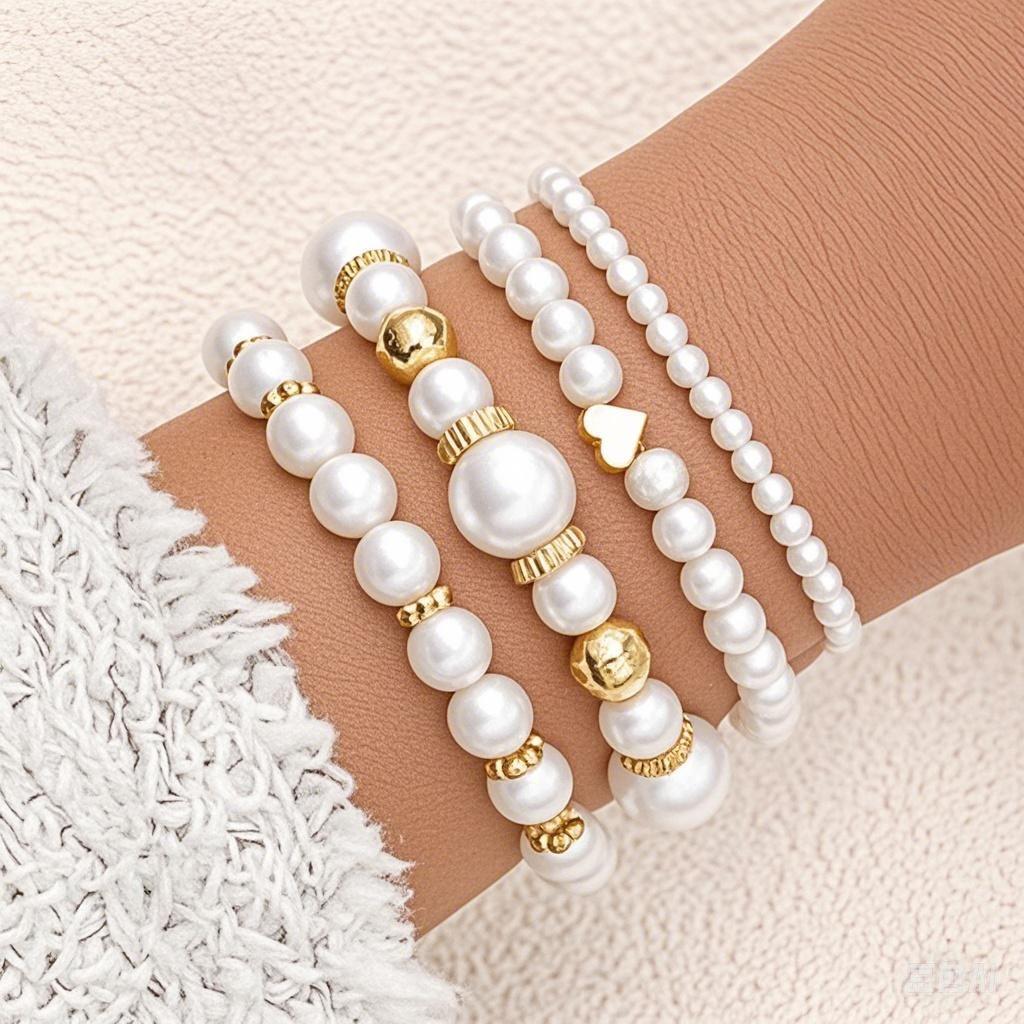 4Pcs/Set Imitation Pearl Heart Beads Bracelets Set for Women Simple Silver White Color Versatile Bracelets Fashion Party Jewelry