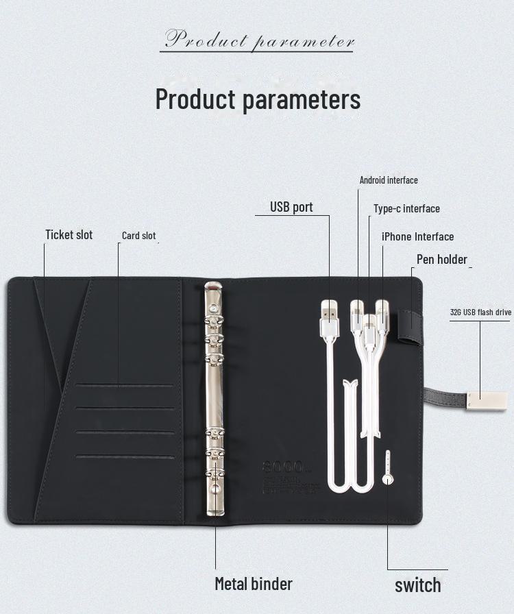A5 Multi-Function Business Notebook with USB Charging & Luminous Logo USB Drive