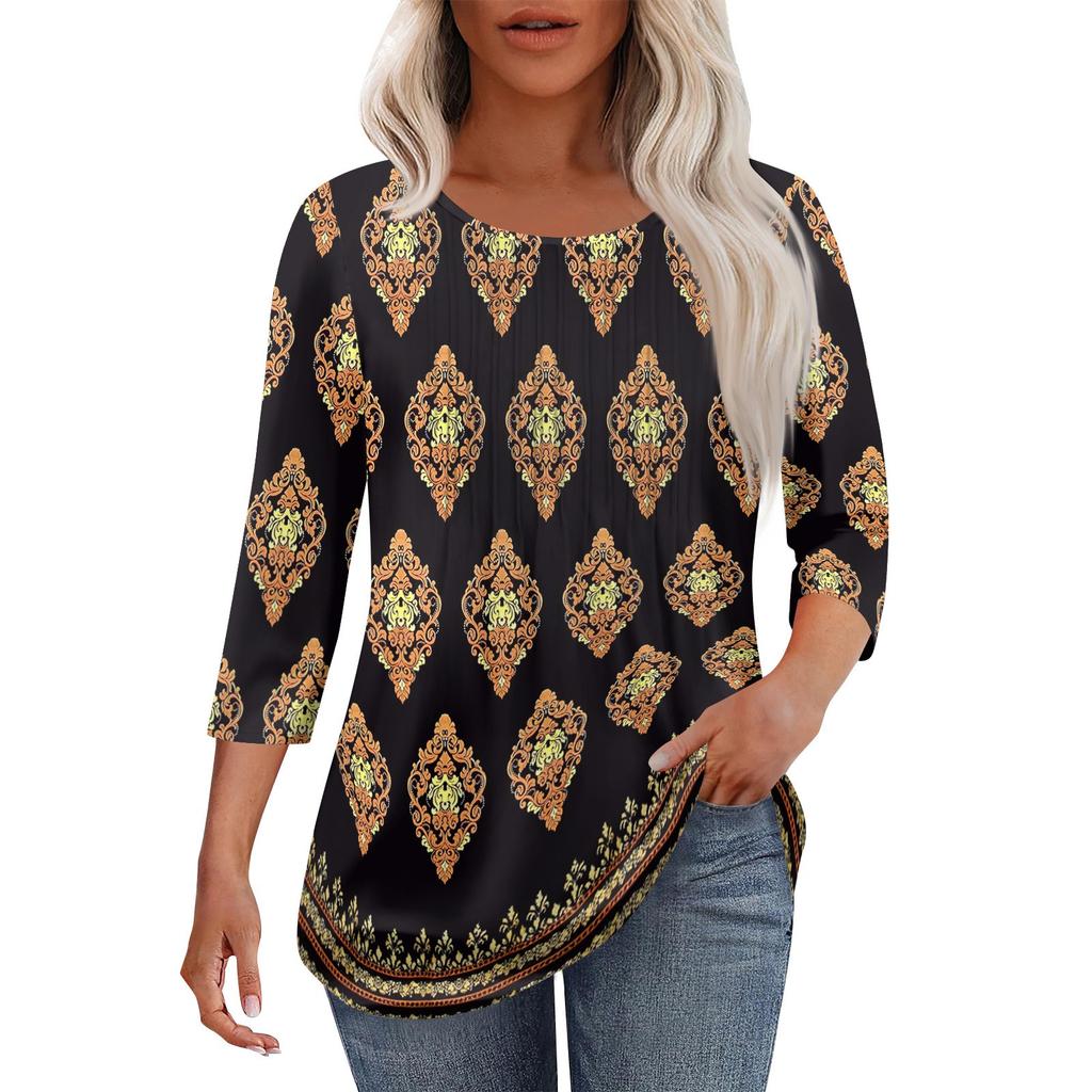 Women's Fashionable Casual Pleated Round Neck Casual Floral Print Seven Quarter Sleeved T-shirt Top