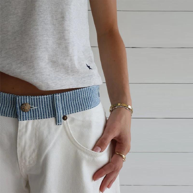 ROADVIBE Women's Contrast Waistband White Wide Leg Jeans Low Rise Baggy Denim Pants Loose Fit Trousers Lady Date Commuter Casual Clothes