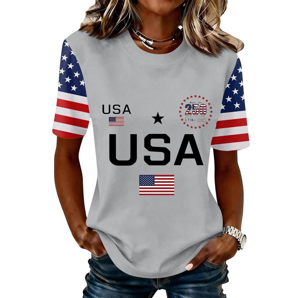 Blusa Feminina da Moda Casual de Manga Curta com Estampa e Gola Redonda