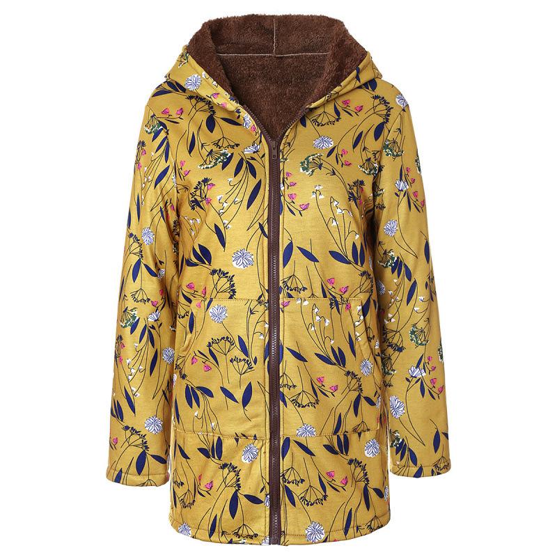 2025 European and American women's long-sleeved zipper hooded thickened composite cotton-padded coat printed medium and long cotton-padded coat