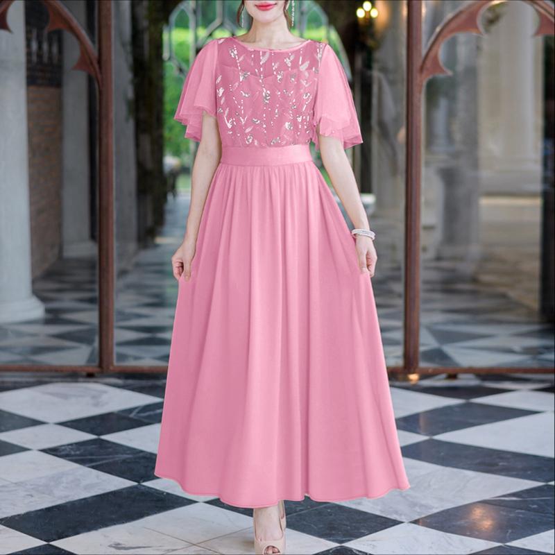 ZANZEA Women Casual Round Neck Mesh Splice Short Sleeve Loose Dress