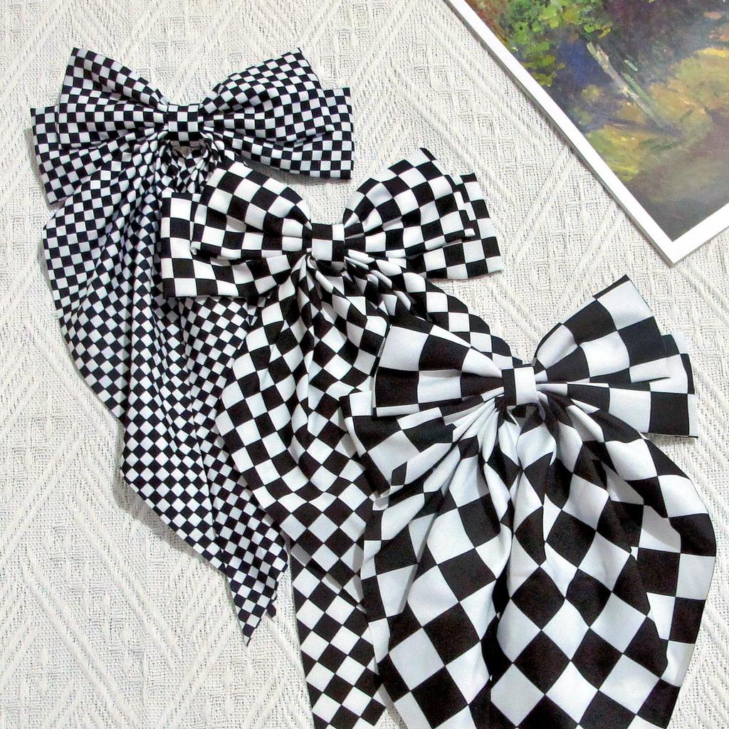 Black & White Plaid Bow Ribbon Hair Clip - Women's Fashion Headwear Accessory