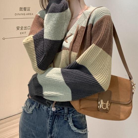 Versatile retro striped v-neck sweater short women's loose niche contrasting color high-end lace-up knitted sweater
