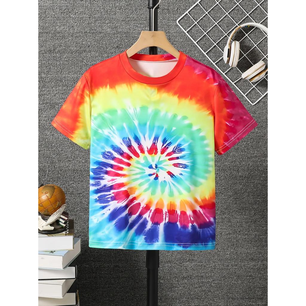 3D Tie-Dye Rainbow Print Kids' T-shirt Summer Fashion Casual Crew Neck Short-Sleeve Top for Boys & Girls