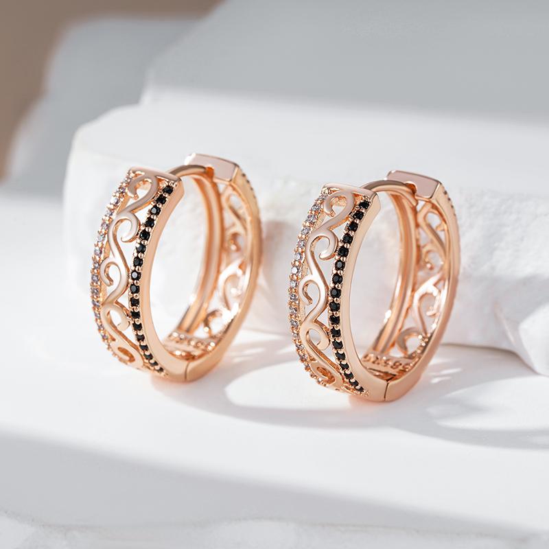 Unusual  Rose Gold Color Big Hoop Earrings For Women Shiny Black Natural Zircon Accessories Daily Fine Vintage Jewelry