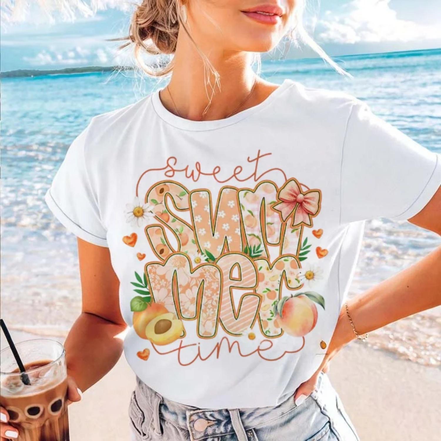 

Short Sleeved Harajuku Pattern Printed Sweet and Cute T-Shirt Watercolor Letter Clothing Top Casual Women s Street T-Shirt XXXXXL білий