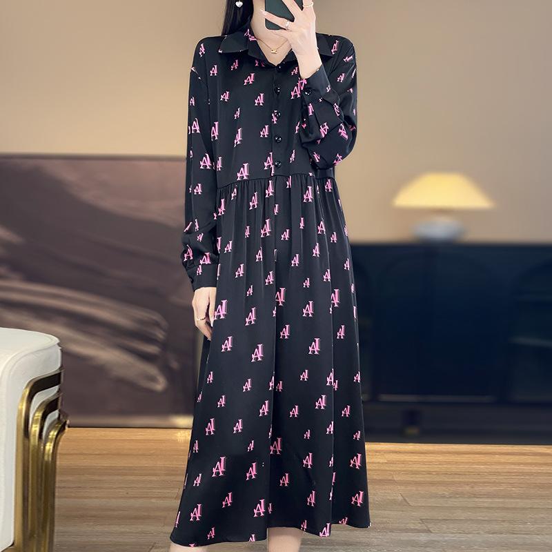 Květinové středně dlouhé šaty s dlouhým rukávem pro ženy, jaro a léto, nový polo límeček, temperamentní francouzský styl