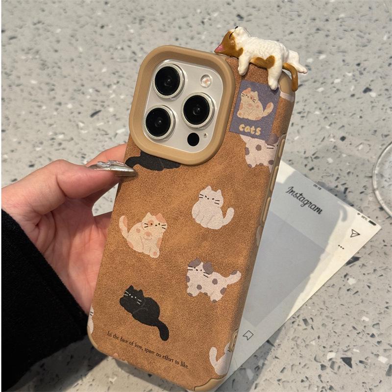 3D Kožený obal na iPhone s kočkou: Kompatibilní s iPhone 13, 14, 15 Pro, 16 Pro Max pro podzim a zimu