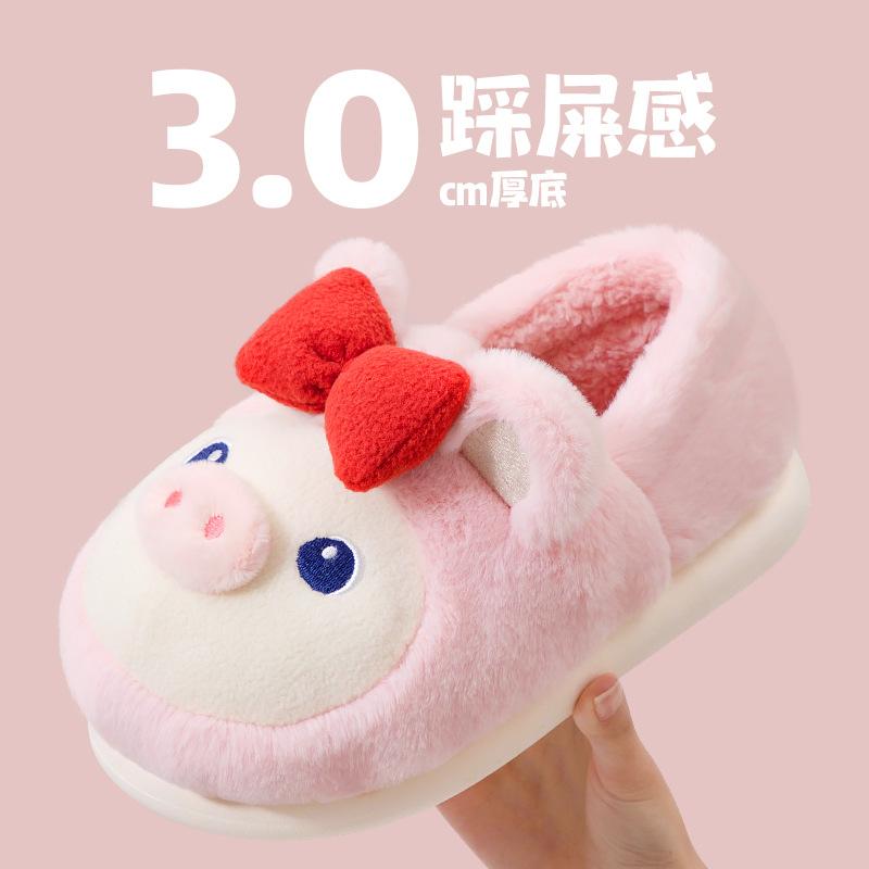 2024 Winter New Pig Slippers Woman Fuzzy Fleece Slides Shoes Women's Pink Bowknot Piggy Slipper Indoor Home Shoes Furry Loafer
