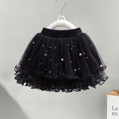 Kids Skirt Elastic Waist Mid-rise Solid Color Beaded Tutu Skirt Sweet Style Multi-layered