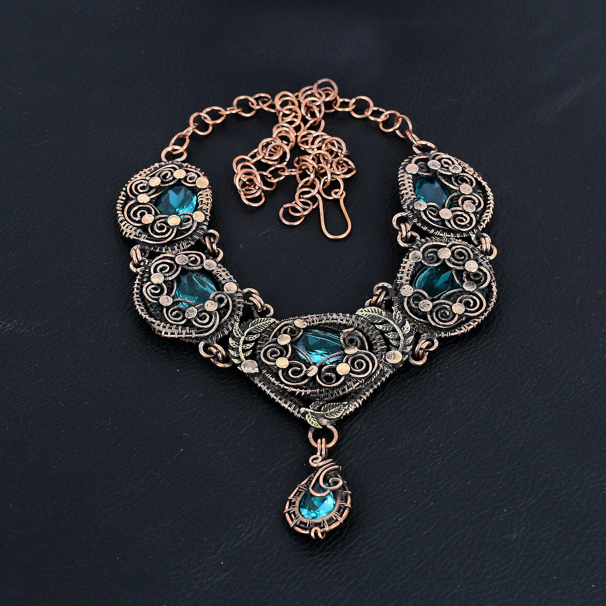 

Ожерелье из швейцарского голубого топаза, ювелирное изделие с драгоценным камнем, ожерелье на регулируемой цепочке, обмотанное медной проволокой 999 пробы, подарок для женщин, ожерелье ручной работы Adjustable With 18 Inches