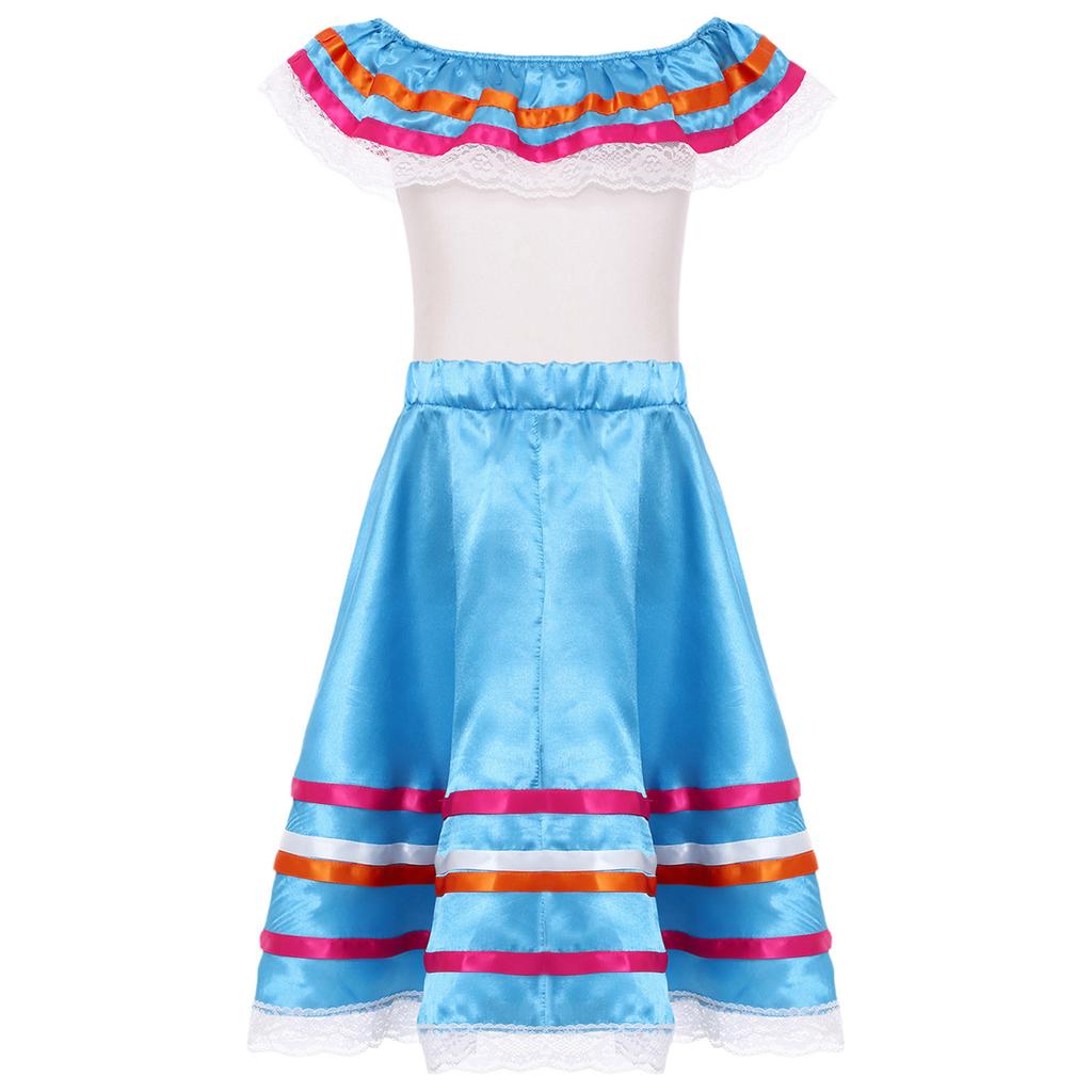Girls Mexican Dress Set Off Shoulder Ruffled Top Elastic Waistband Lace Ribbon Trim Skirt
