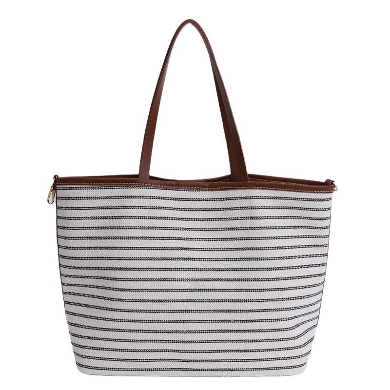 New niche large-capacity striped tote bag, premium lazy fashion commuter versatile canvas bag