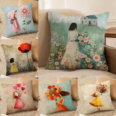 Das Mädchen hält Blumen Kissenbezug Weicher Plüsch Beidseitig Bedrucktes Sofakissen Kissenbezug Gemütliche Ganzjahresdeko Geschenk