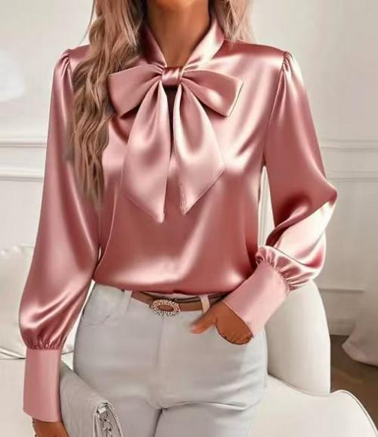 2025 Autumn Women's Long Sleeve Bow Satin Blouse