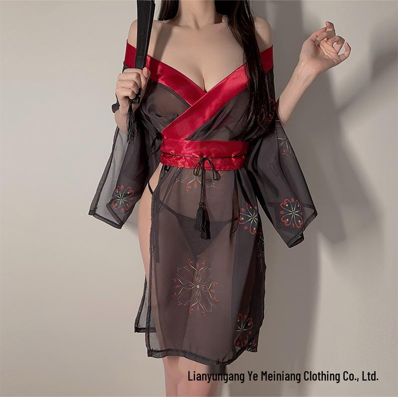 Vintage Lace See-Through Lingerie with Tie-Up Bib - Hanfu Nightgown and Sleep Skirt