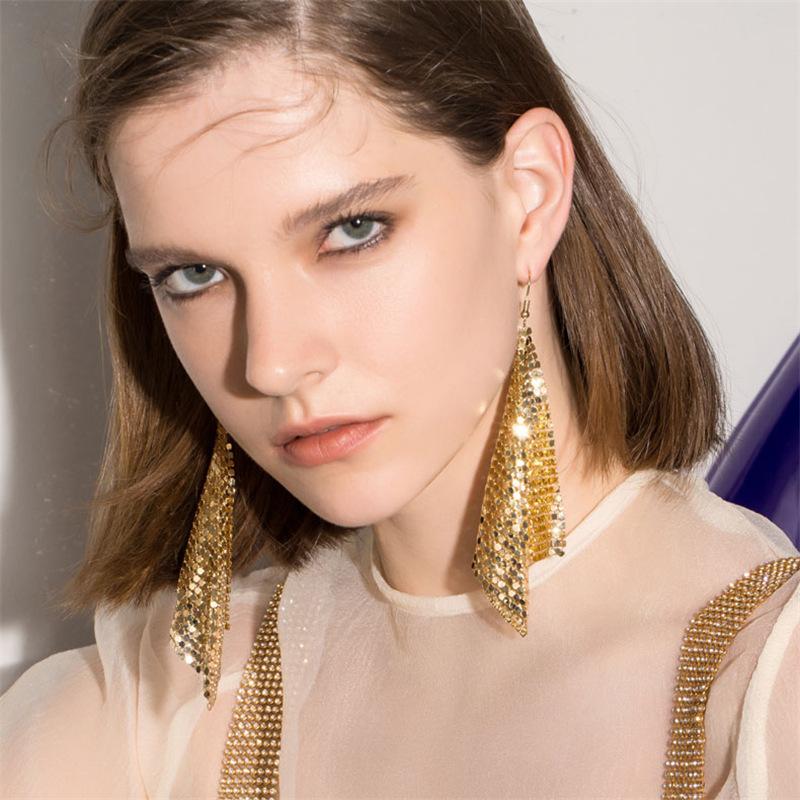 Fashion Metal Sequin Geometric Sheet Long Drop Dangle Earrings For Women Exaggerated Attractive Trendy Female Earrings Zircon
