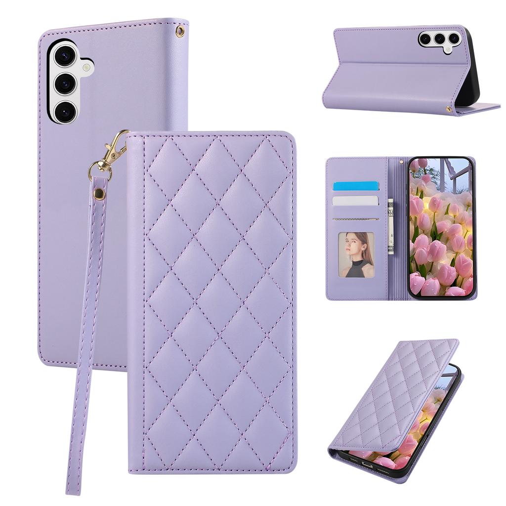 For Samsung Galaxy S25+/S24+ Case RFID Blocking Wallet Stand Rhombus Leather Phone Cover with Wrist Strap
