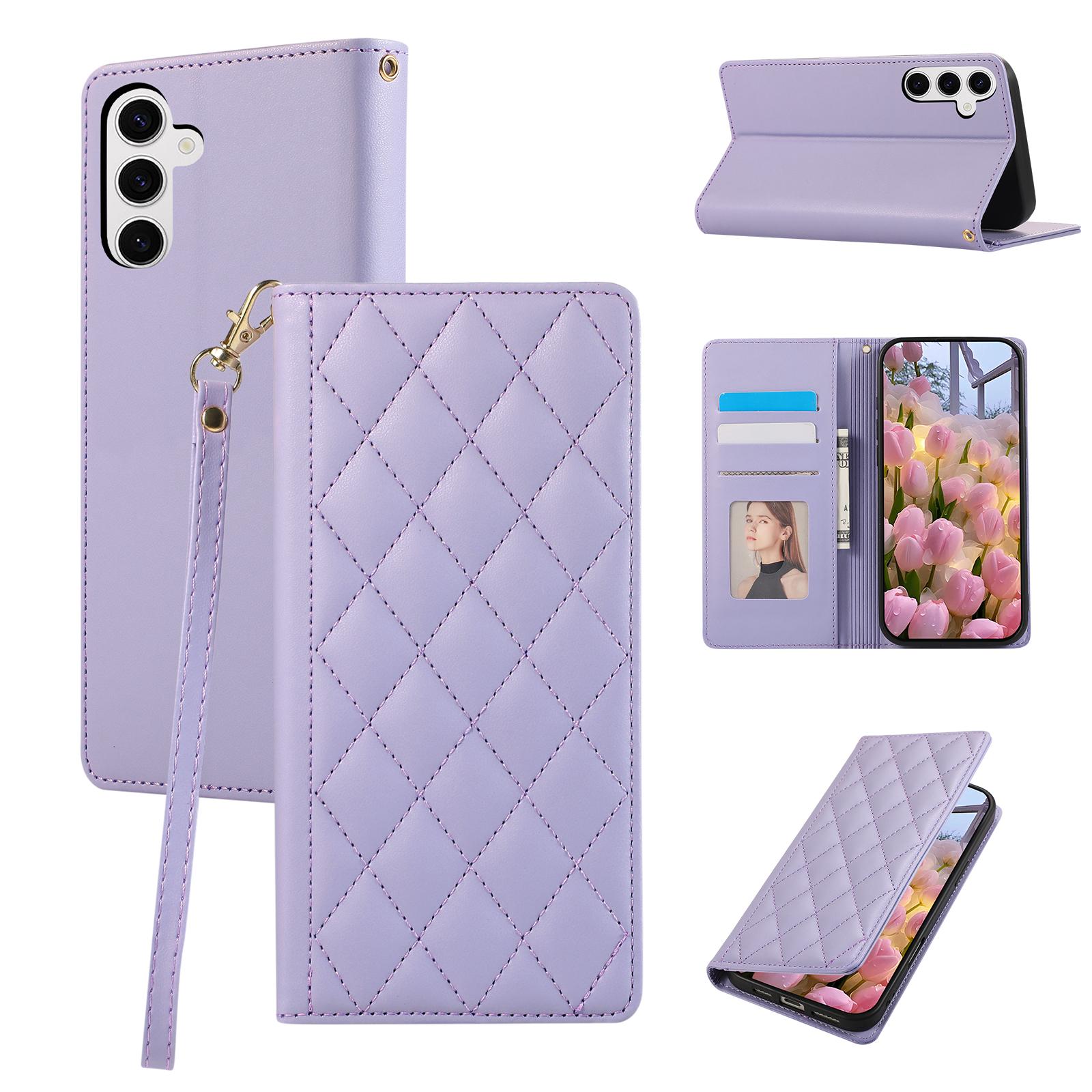 

For Samsung Galaxy A05s 4G Case RFID Blocking Wallet Stand Rhombus Leather Phone Cover with Wrist Strap Purple