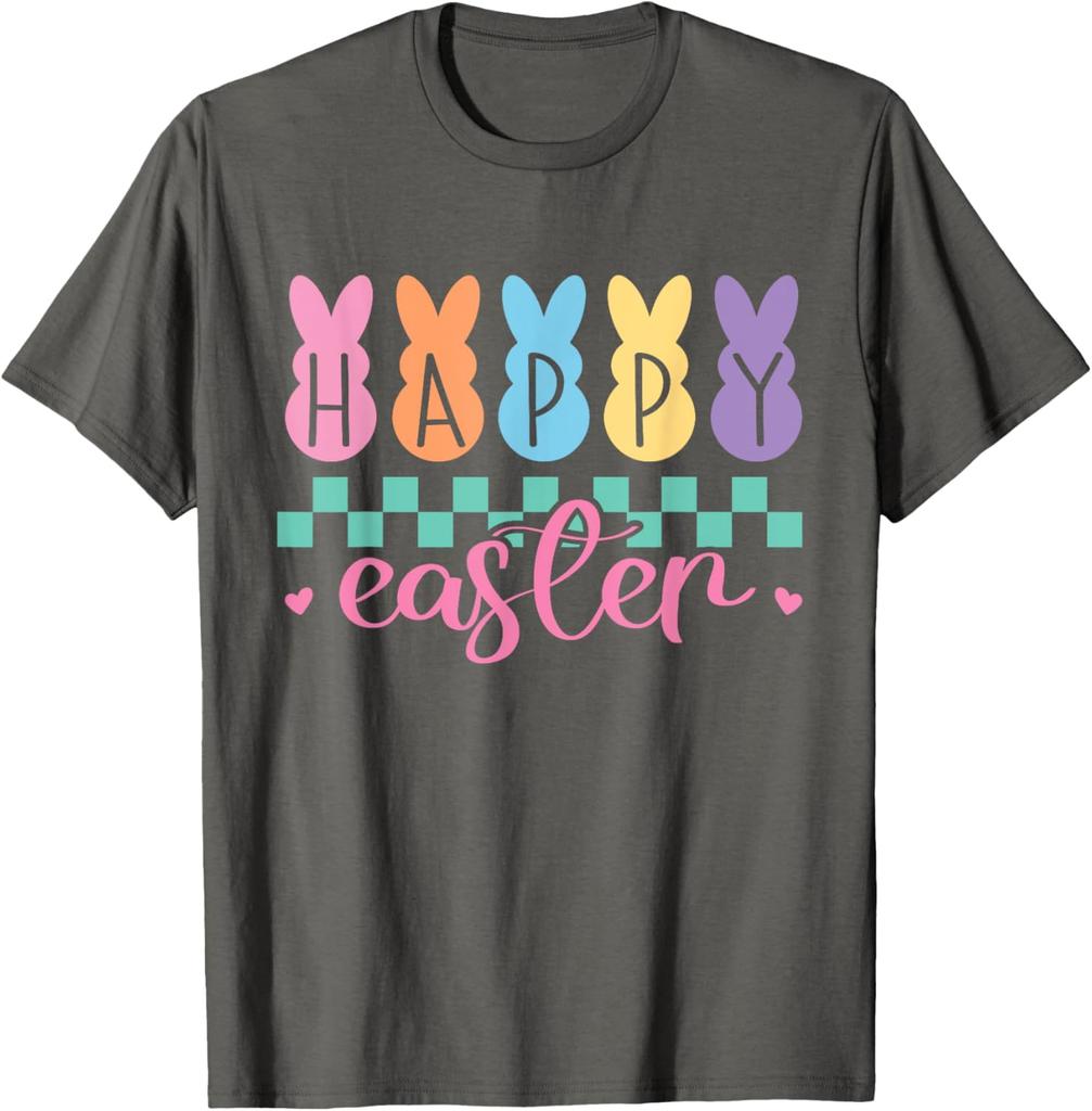 Happy Easter Bunny Graphic Tee Pastel Checkered Print Casual Short Sleeve T-Shirt