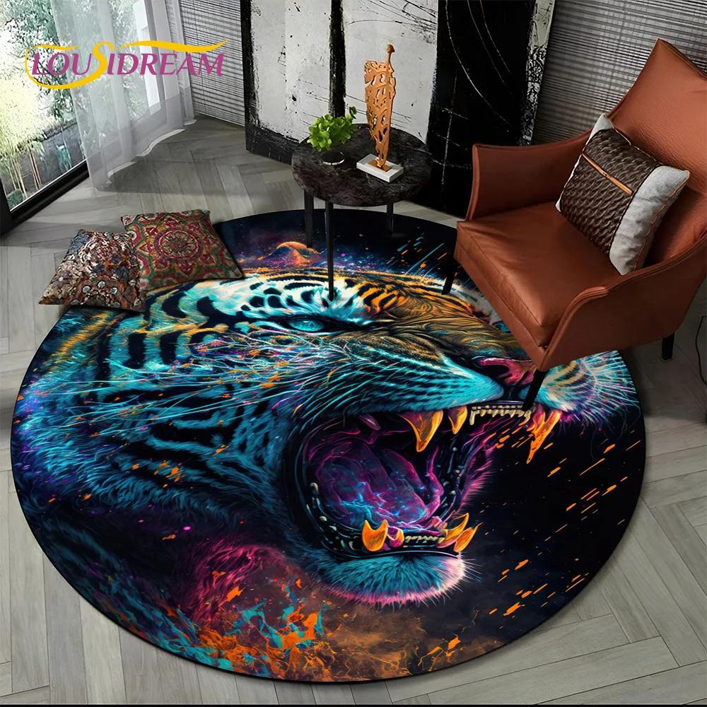 Animal Wildlife Cartoon Beast Tiger Lion Leopard Round Carpet Rug for Living Room Bedroom Child Decor,Pet Area Rug Non-slip Mat