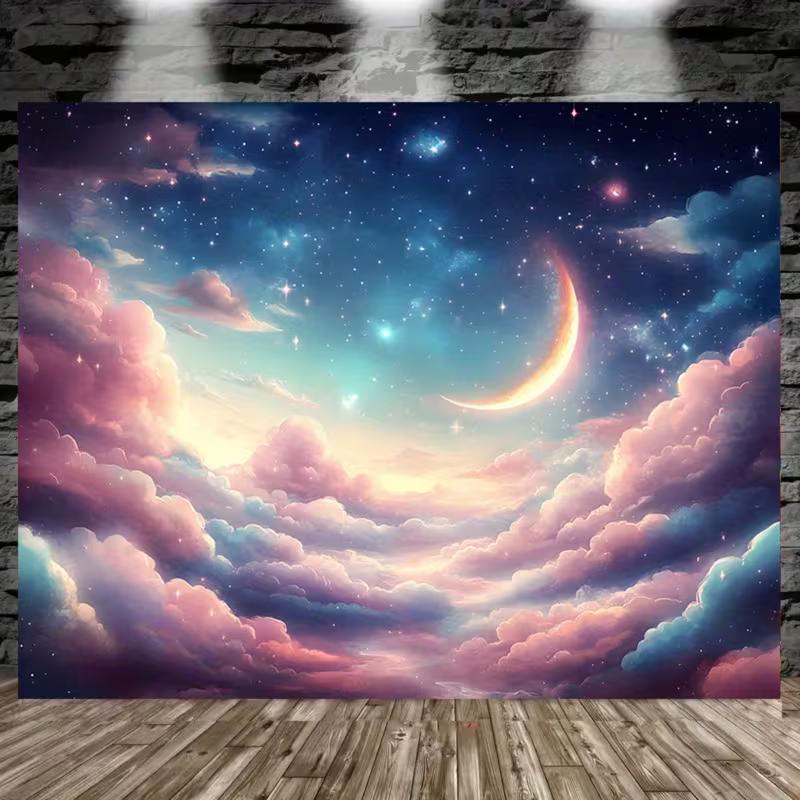 2D Dreamy Starry Night Tapestry Celestial Themed Party Photoshoot Studio Banner