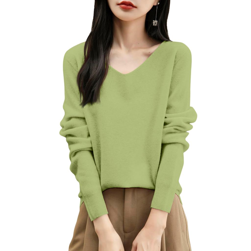 Women's Fashion Flat-Knit V-Neck Pullover Sweater Solid Color Long-Sleeve Top