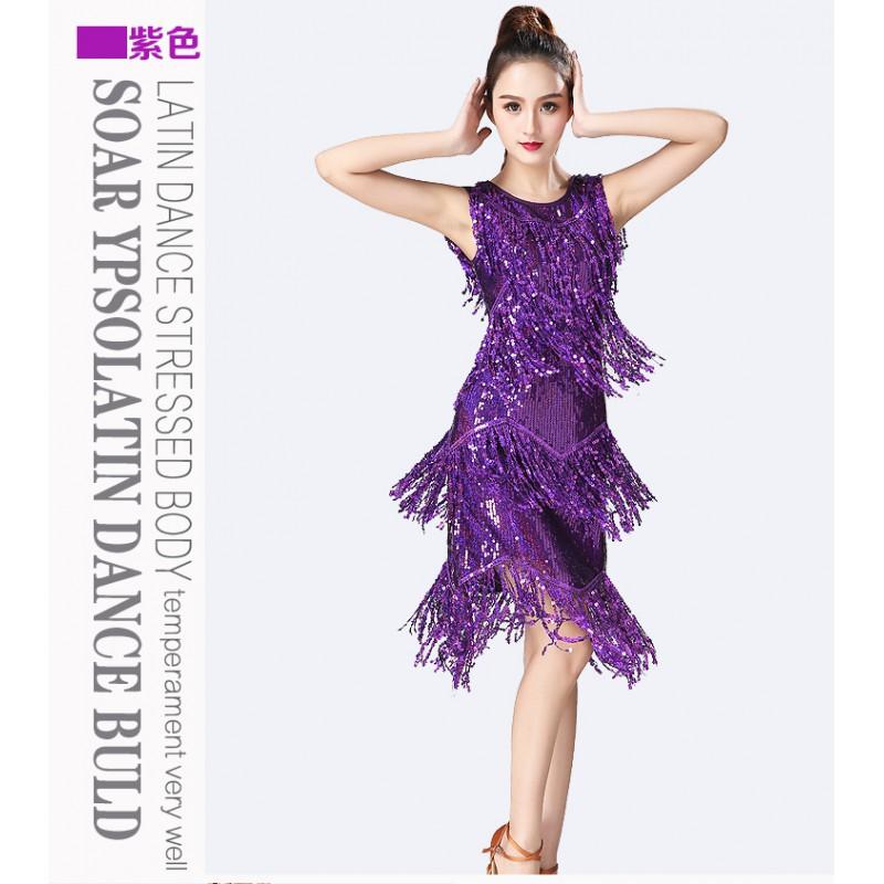 Vestido de Baile con Flecos de Lentejuelas Traje de Actuación en Escenario Latino Eventos de Fiesta