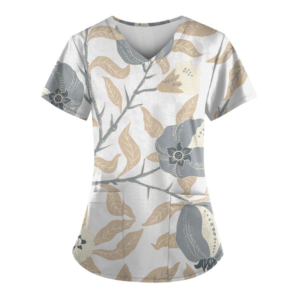 Willow Print Women's T-shirt V-neck Nurse Uniform Comfortable Short Sleeved Women's T-shirt