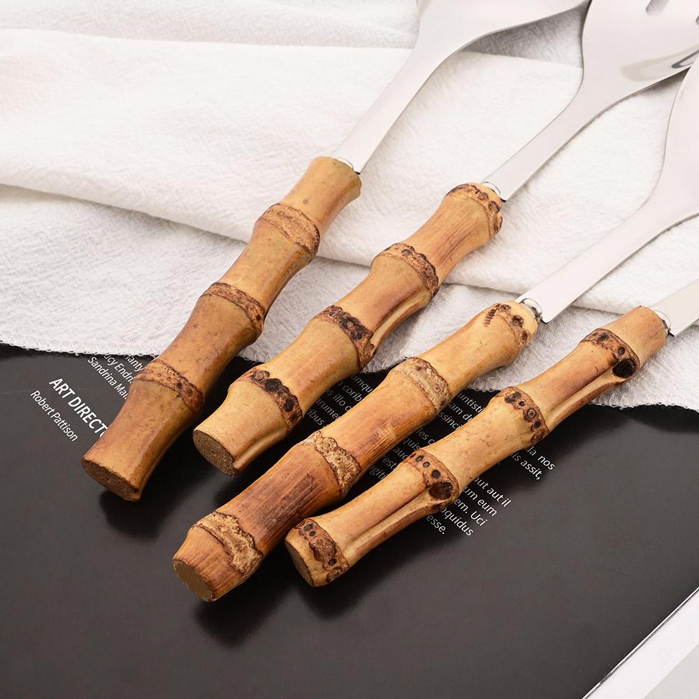 2Pcs Silver Dinnerware Cutlery 304 Stainless Steel Wood Bamboo Handle Food Serving Salad Spork Server Fork Spoon Tableware Set