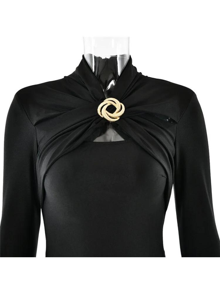 Hollow Out Long Sleeve Sexy Maxi Dress For Women Gown Autumn Winter New Metal Buckle Ruched Slit Long Dress Elegant