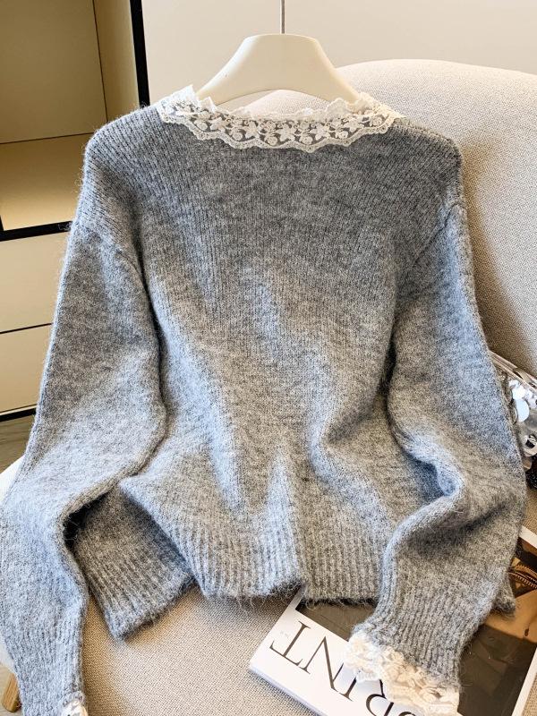 Women's Soft & Fluffy French Lace V-neck Knit Cardigan - Autumn/Winter 2026