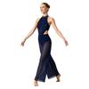 Macacão de Dança Moderna Feminino Strass na Frente Franzido Malha Recorte na Cintura Costas Abertas Brilhante Perna Larga Macacão com Calcinha Embutida Performance de Palco Competição