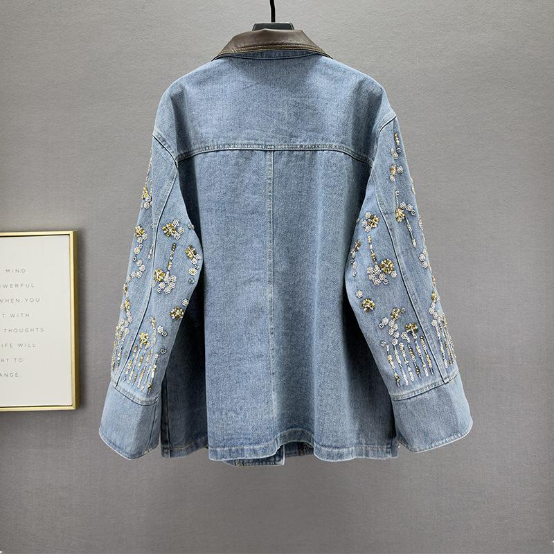 Heavy industry sequined denim jacket women's autumn new loose and thin ins European goods do old long-sleeved jacket trend