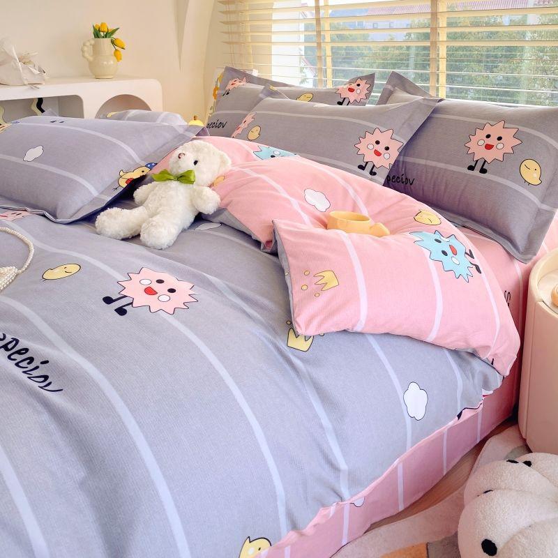 Thickened Pure Abraded Four-piece Set, Single Double Skin-friendly Twill Bed Sheet, Quilt Cover, Dormitory Three-piece Set, Bedding